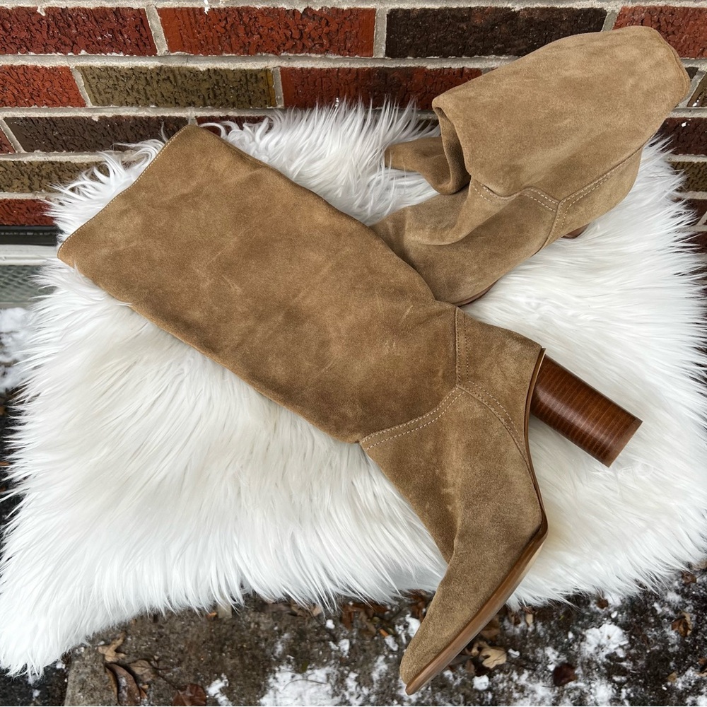 Zara Women's Tan Suede Mid-Calf Block Heel Boots